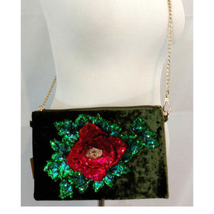 Handbag Purse Olive Green Sequin Red Rose Clutch